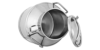 stainless steel milk can with open lid, showcasing shiny interior.