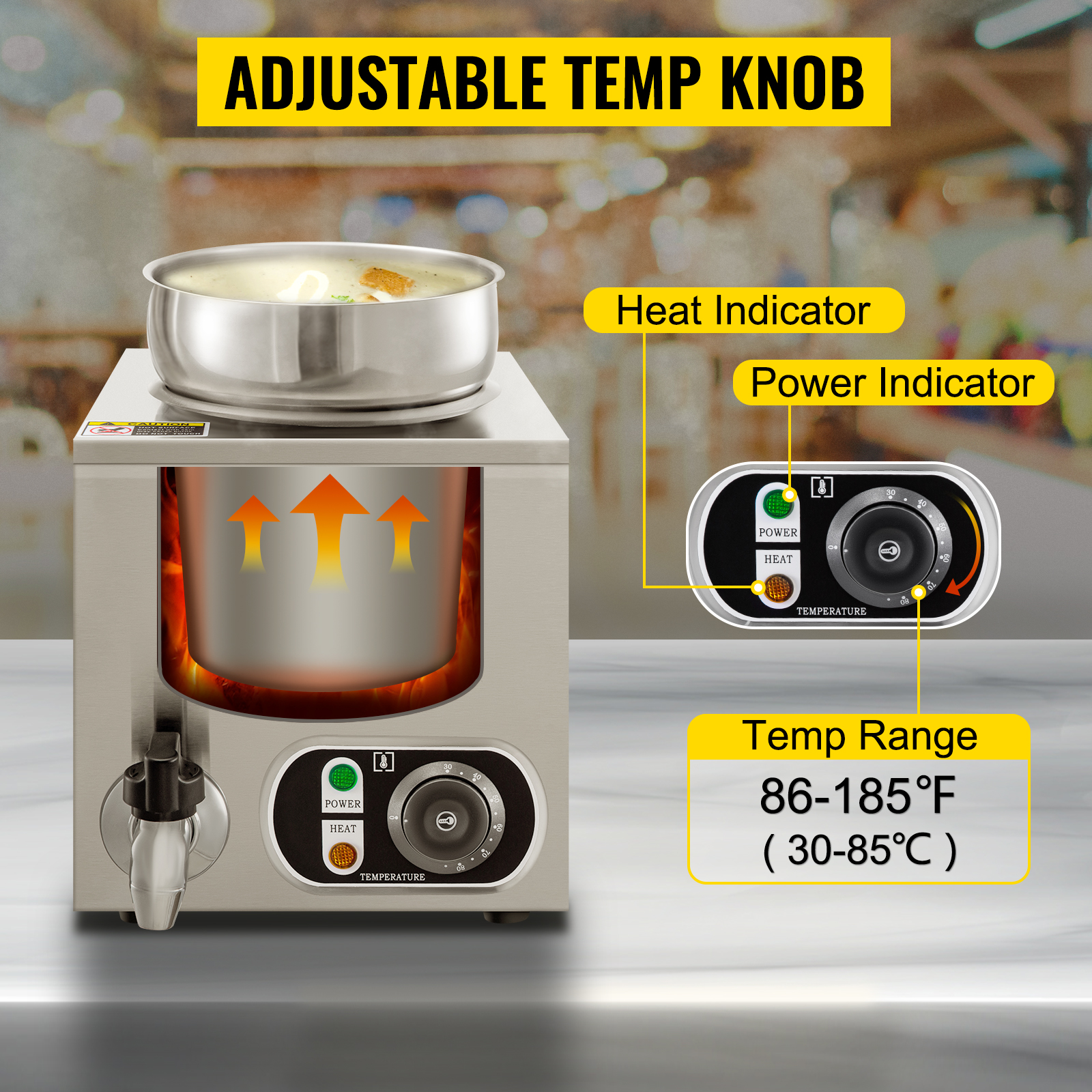 110V Commercial Food Warmer 4.2 Qt Capacity, 300W Electric Soup Warmer  Adjustable Temp.86-185?, Stainless