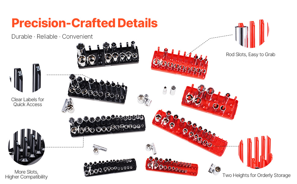 Socket Organizer Set 8PCS High-Rod Socket Tray Black & Red for Metric SAE