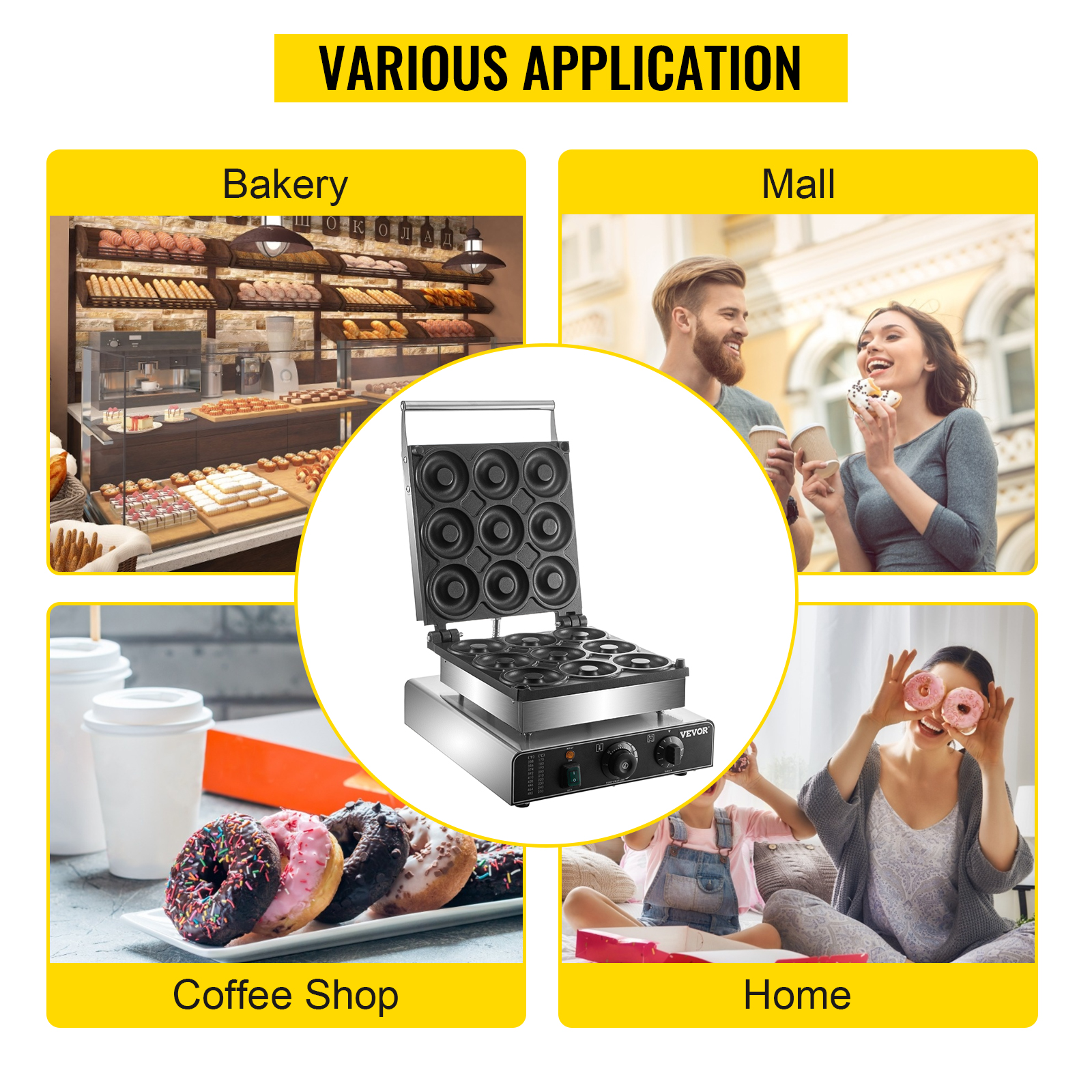 VEVOR Electric Donut Maker, 9 Holes Commercial Donut Machine, 2000W  Electric Doughnut Machine, Double-Sided Heating Commercial Donut Maker, for  Home & Commercial Use with Non-stick Teflon Coating
