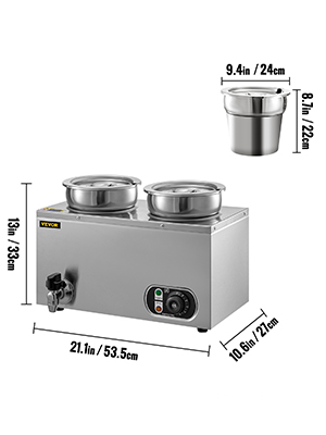VEVOR 110V Commercial Soup Warmer 14.8 Qt Capacity, 500W Electric Food Warmer Adjustable Temp.86-185℉, Stainless Steel Countertop Soup Pot with Tap, Bain Marie Food Warmer for Cheese/Hot Dog/Rice