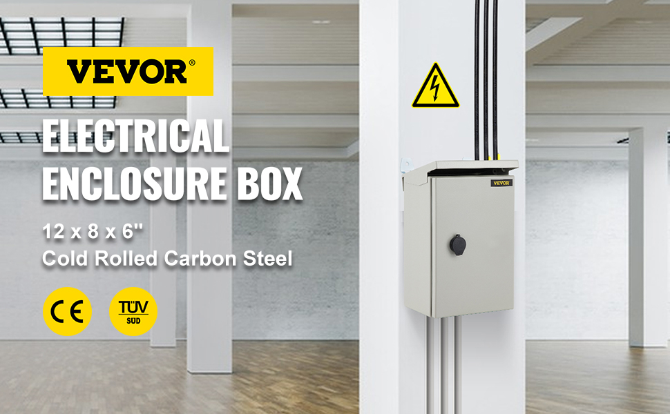 VEVOR Electrical Enclosure, 12'' x 8'' x 6'', UL Certified NEMA 4 Outdoor Enclosure, IP65 Waterproof & Dustproof Cold-Rolled Carbon Steel Hinged Junction Box for Outdoor Indoor Use, with Rain Hood 