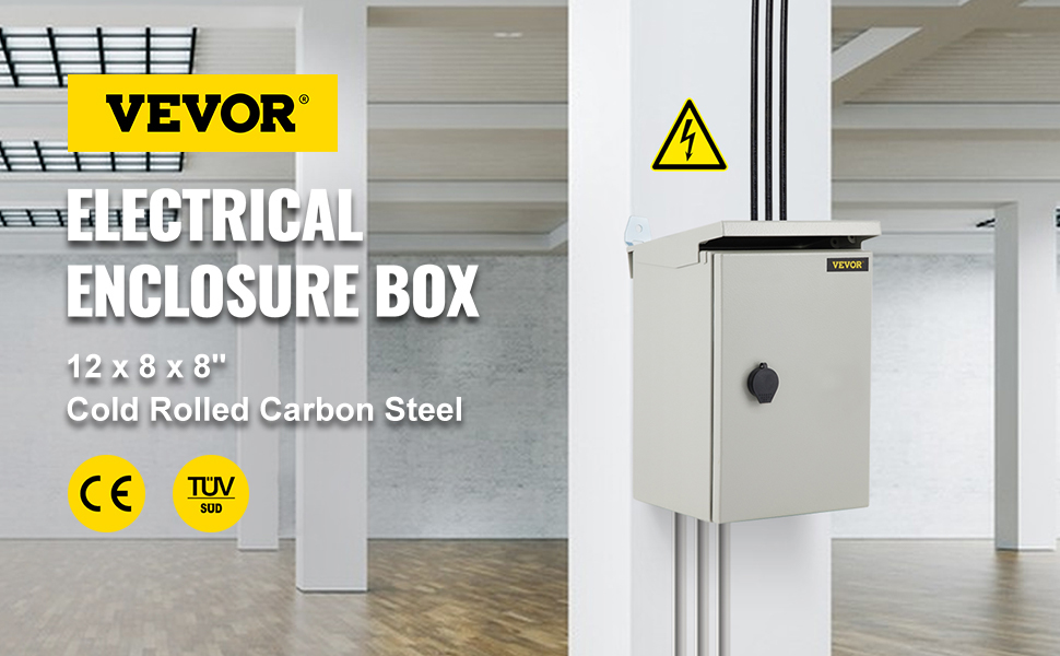VEVOR Electrical Enclosure, 12'' x 8'' x 8'', UL Certified NEMA 4 Outdoor Enclosure, IP65 Waterproof & Dustproof Cold-Rolled Carbon Steel Hinged Junction Box for Outdoor Indoor Use, with Rain Hood 