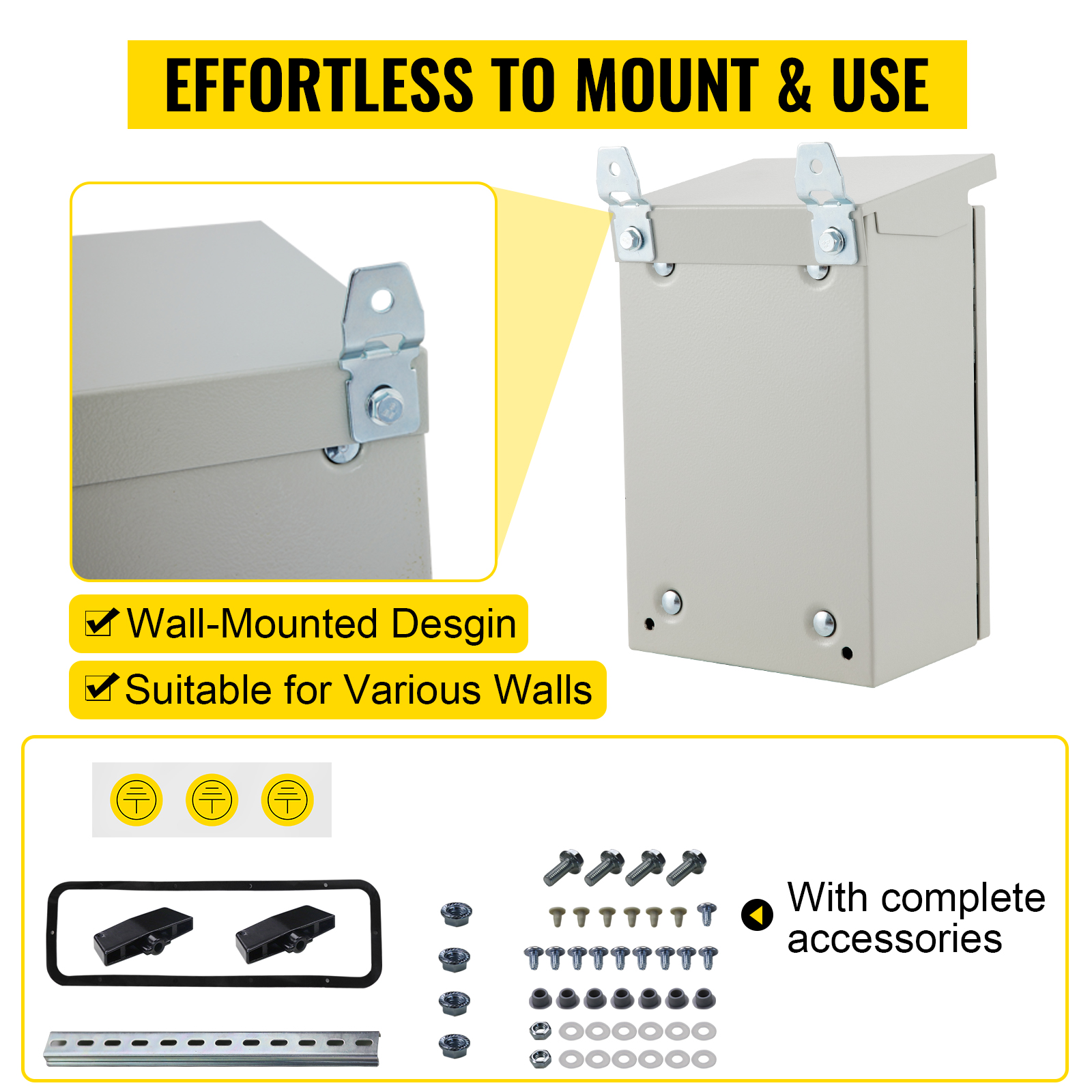 VEVOR Electrical Enclosure, 12'' x 8'' x 8'', UL Certified NEMA 4 Outdoor Enclosure, IP65 Waterproof & Dustproof Cold-Rolled Carbon Steel Hinged Junction Box for Outdoor Indoor Use, with Rain Hood 