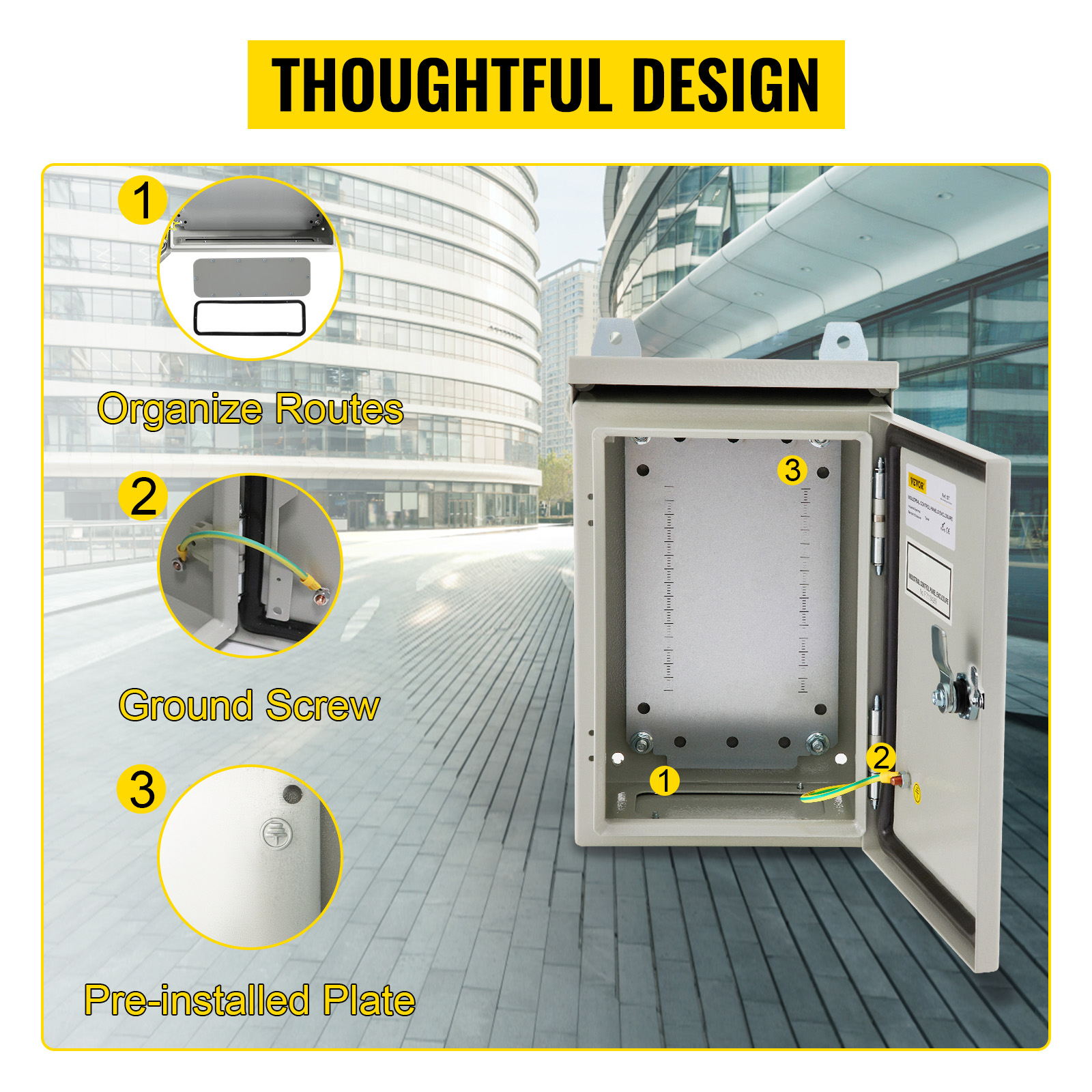 VEVOR Electrical Enclosure, 12'' x 8'' x 8'', UL Certified NEMA 4 Outdoor Enclosure, IP65 Waterproof & Dustproof Cold-Rolled Carbon Steel Hinged Junction Box for Outdoor Indoor Use, with Rain Hood 
