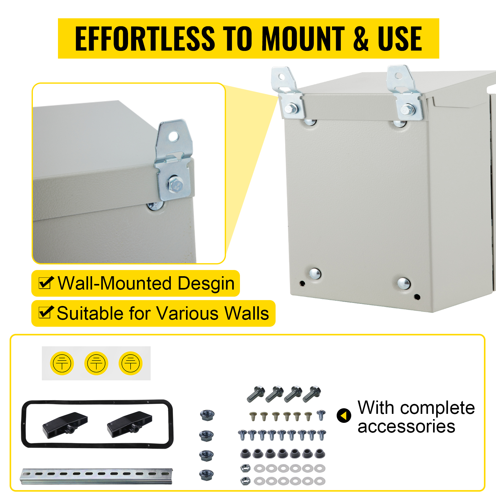 VEVOR Electrical Enclosure, 12'' x 12'' x 6'', UL Certified NEMA 4 Outdoor Enclosure, IP65 Waterproof & Dustproof Cold-Rolled Carbon Steel Hinged Junction Box for Outdoor Indoor Use, with Rain Hood 