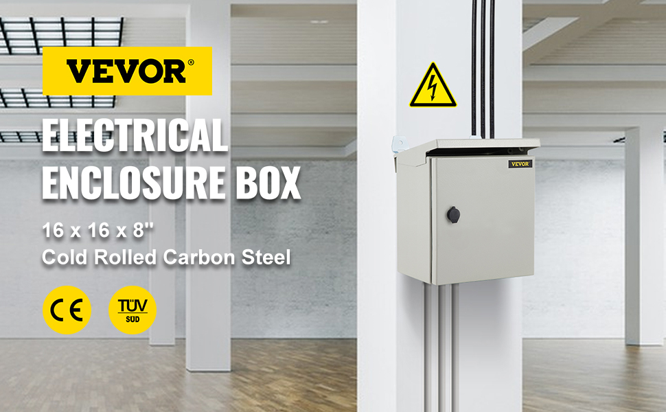 VEVOR Electrical Enclosure, 16'' x 16'' x 8'', UL Certified NEMA 4 Outdoor Enclosure, IP65 Waterproof & Dustproof Cold-Rolled Carbon Steel Hinged Junction Box for Outdoor Indoor Use, with Rain Hood 