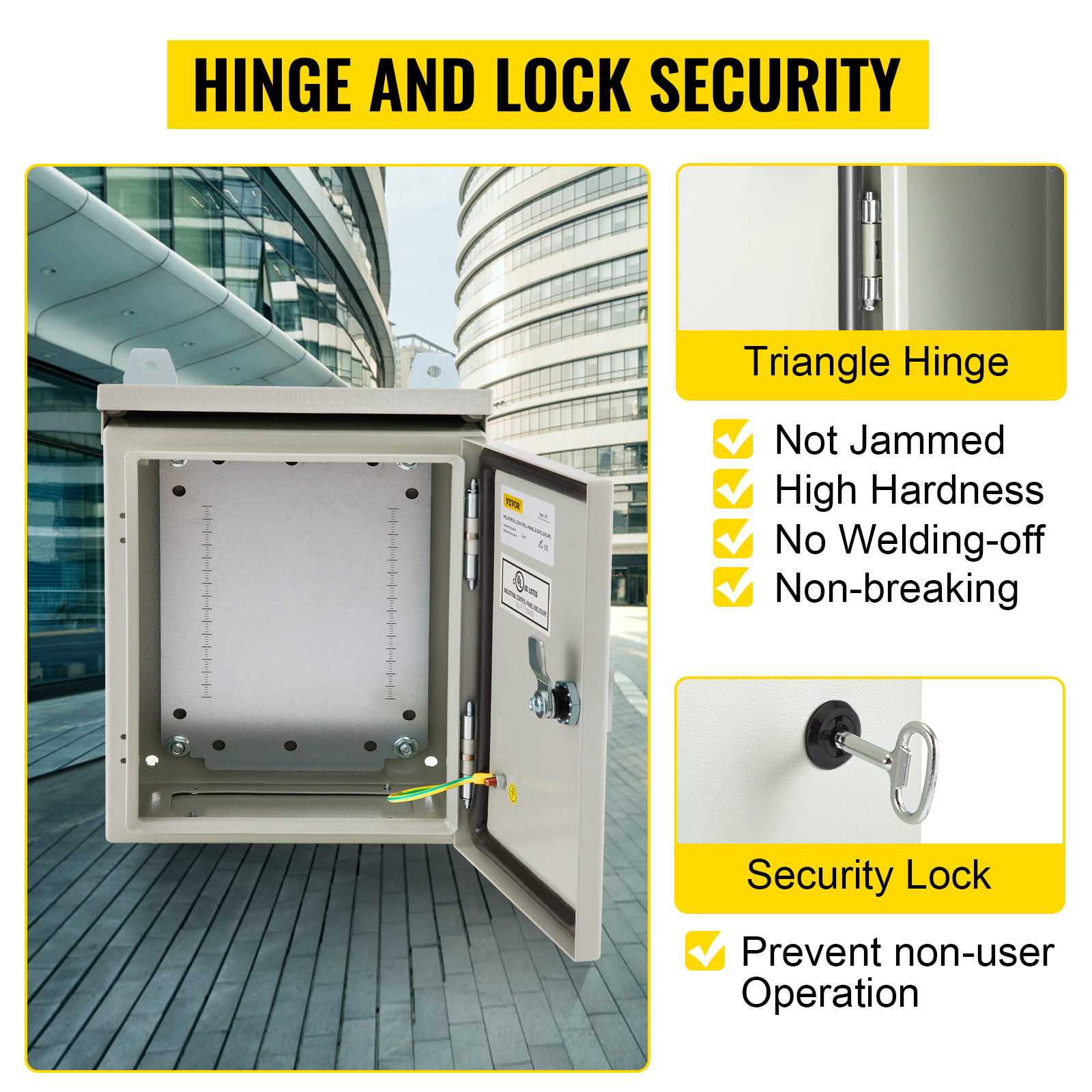 VEVOR Electrical Enclosure, 16'' x 16'' x 8'', UL Certified NEMA 4 Outdoor Enclosure, IP65 Waterproof & Dustproof Cold-Rolled Carbon Steel Hinged Junction Box for Outdoor Indoor Use, with Rain Hood 