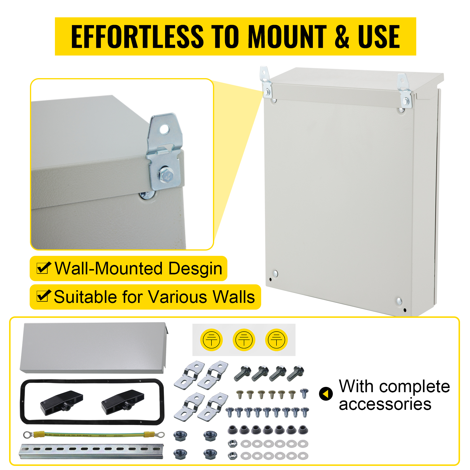 VEVOR Electrical Enclosure, 20'' x 16'' x 6'', UL Certified NEMA 4 Outdoor Enclosure, IP65 Waterproof & Dustproof Cold-Rolled Carbon Steel Hinged Junction Box for Outdoor Indoor Use, with Rain Hood 