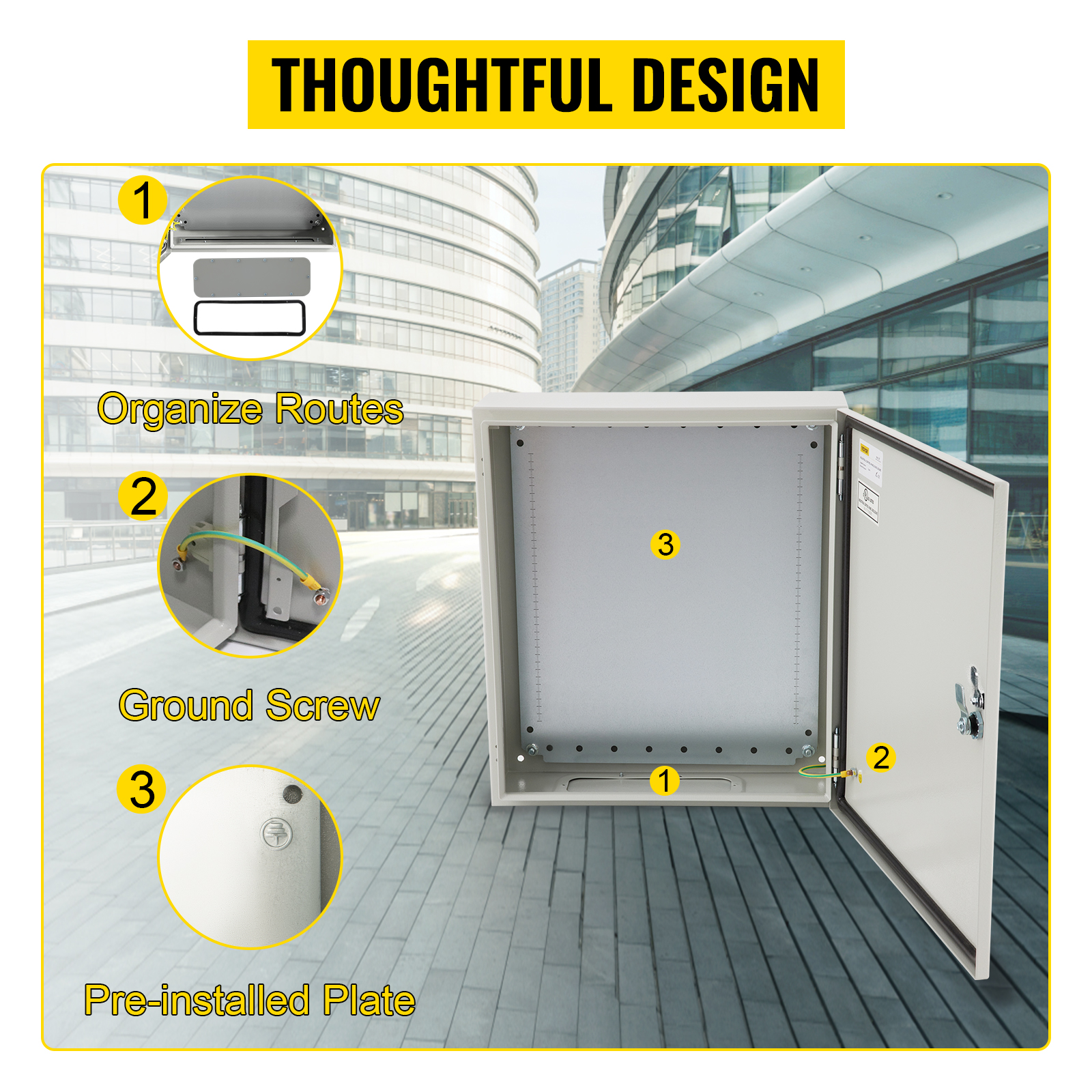 VEVOR Electrical Enclosure, 20'' x 16'' x 6'', UL Certified NEMA 4 Outdoor Enclosure, IP65 Waterproof & Dustproof Cold-Rolled Carbon Steel Hinged Junction Box for Outdoor Indoor Use, with Rain Hood 
