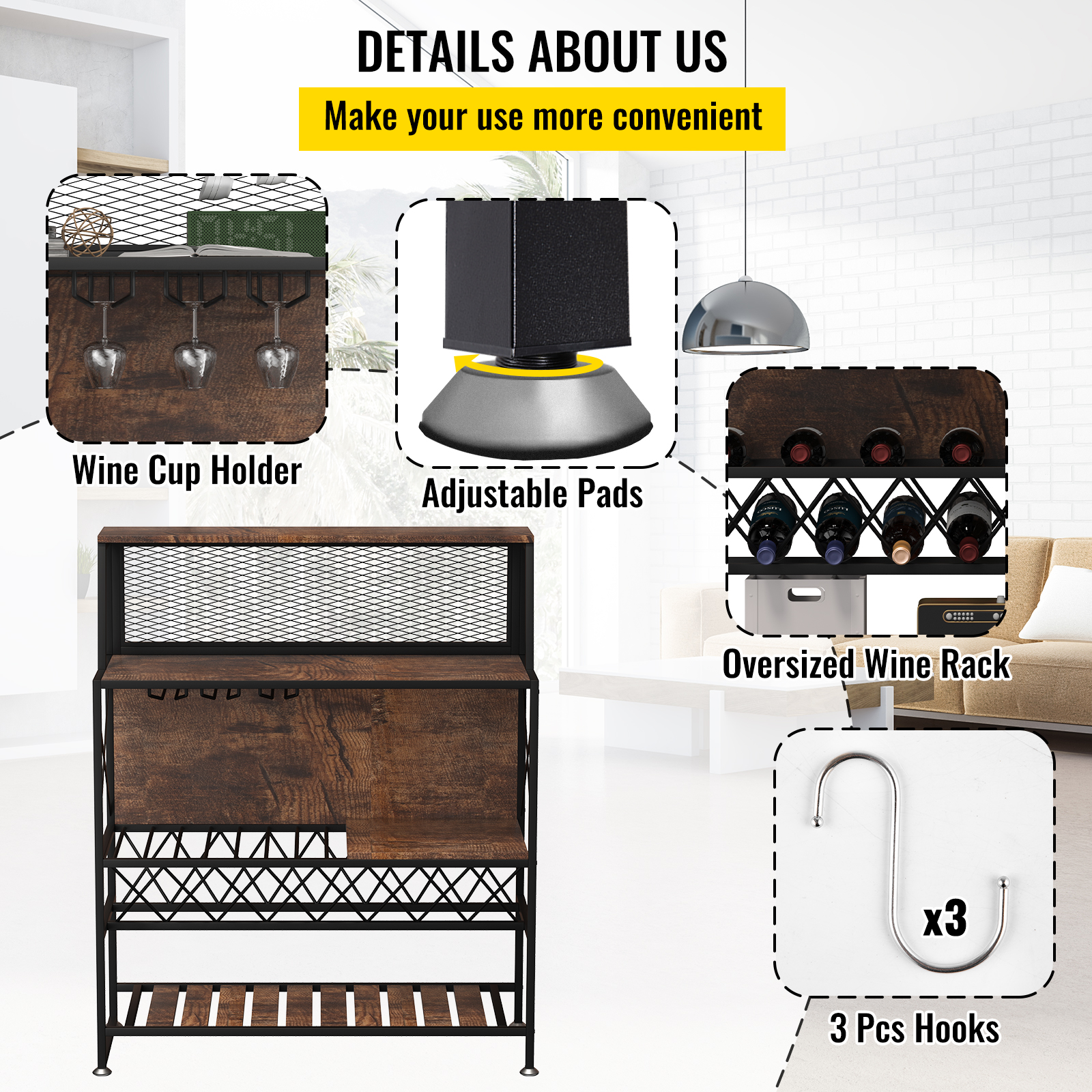 VEVOR Wine Rack Table Bar Table w/ Wine Rack & Glass Holder