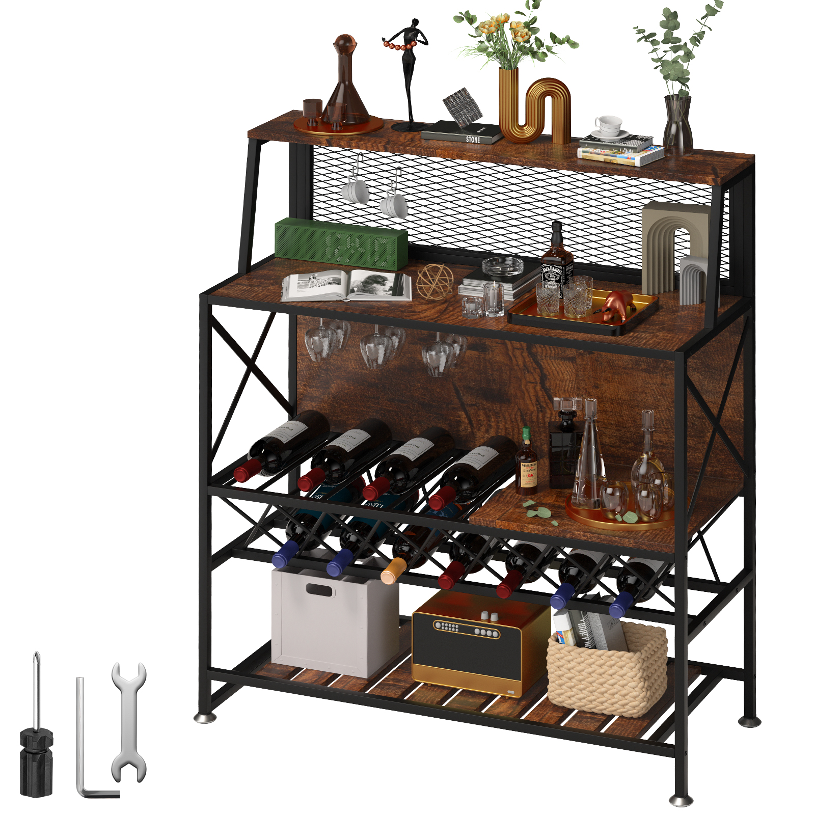 VEVOR Wine Rack Table Bar Cabinet Table w/ Wine Rack & Glass