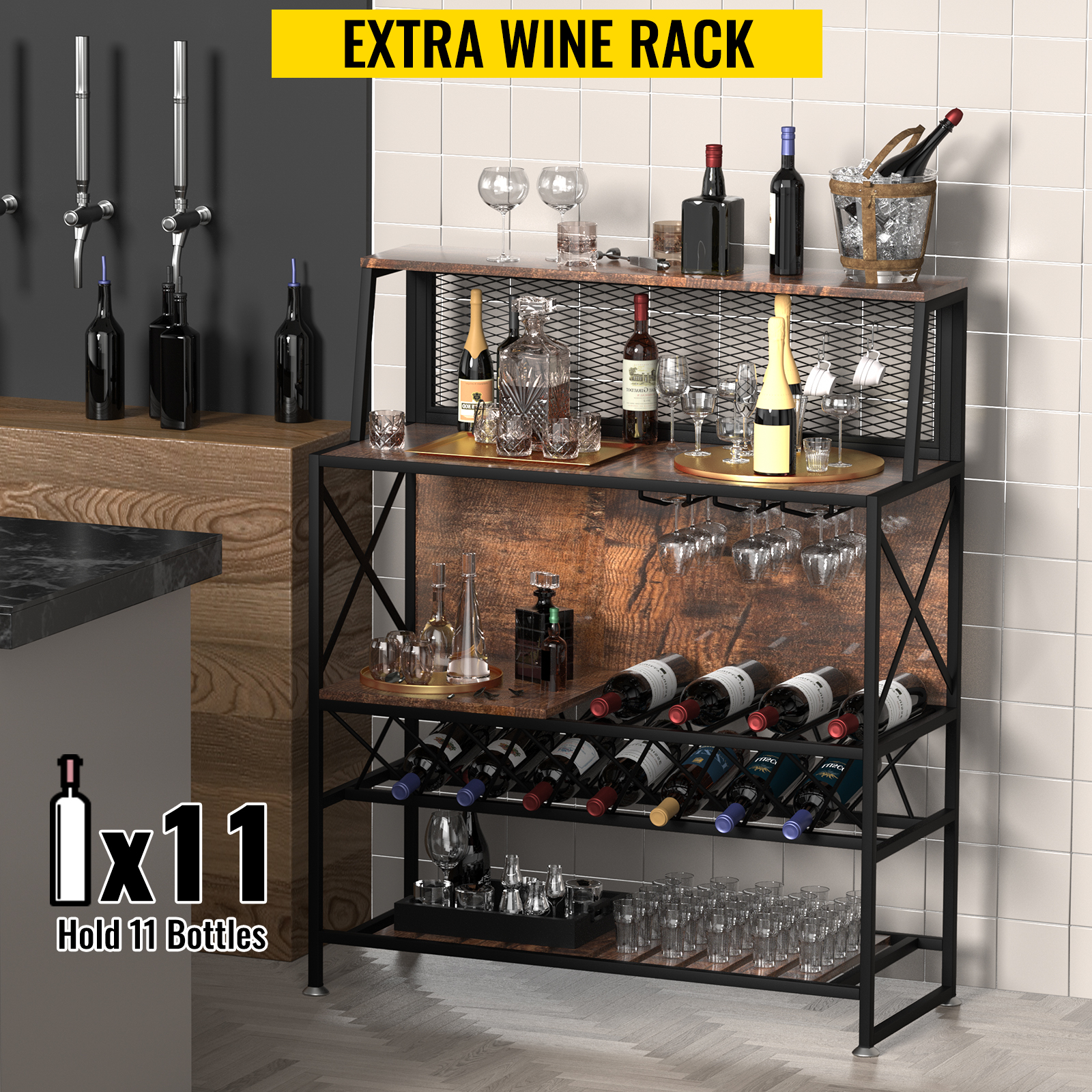 VEVOR Wine Rack Table Bar Cabinet Table w/ Wine Rack & Glass