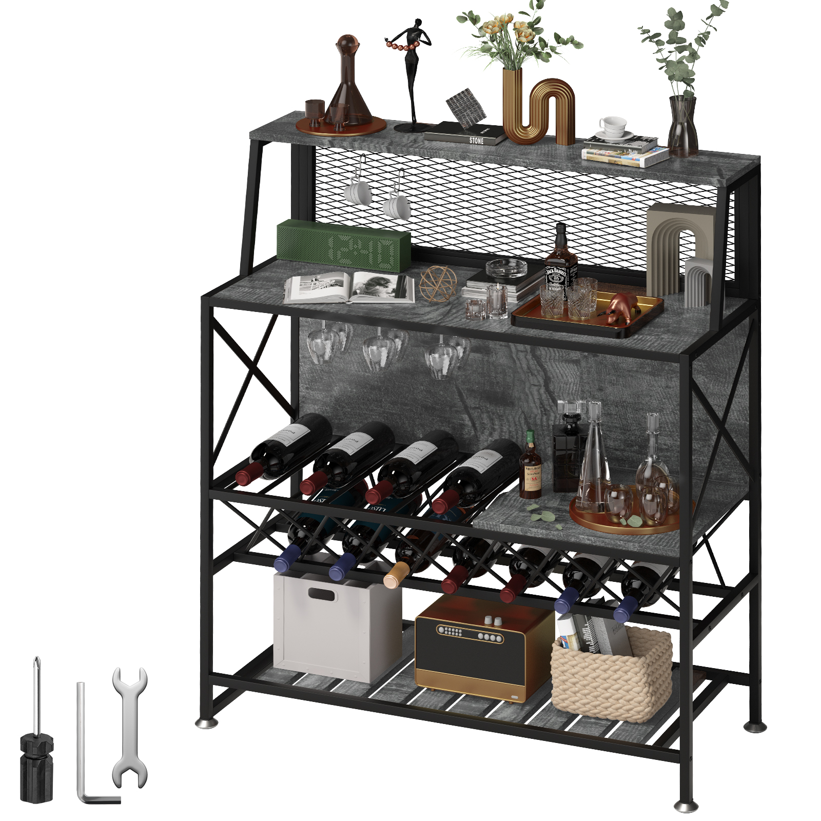 Estante organizador de cocina, soporte para microondas, estante de  almacenamiento de cocina de metal con mesa de madera, isla de cocina,  estante para