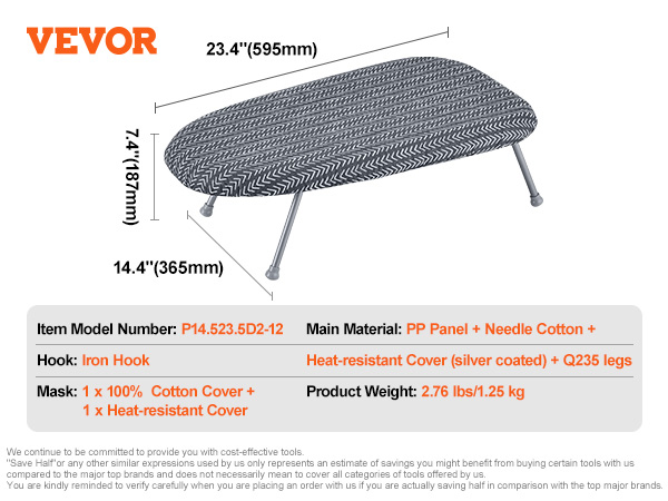 VEVOR Tabletop Ironing Board 23.4 x 14.4, Small Iron Board with Heat  Resistant Cover and 100% Cotton Cover, Mini Ironing Board with 7mm  Thickened Needle Cotton Layer for Small Spaces, Travel Use