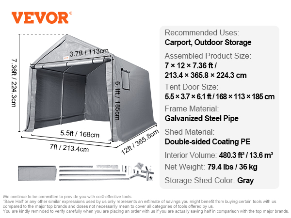 Portable Storage Shelter,7 x 12 x 7.36ft,Zipper Door