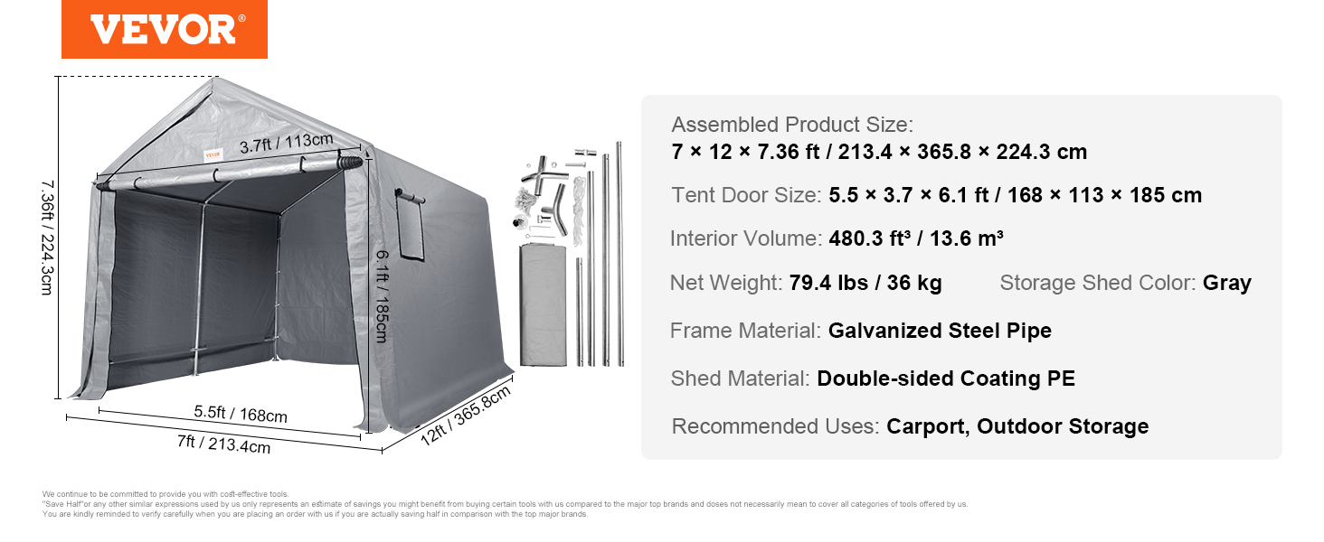 Portable Storage Shelter,7 x 12 x 7.36ft,Zipper Door