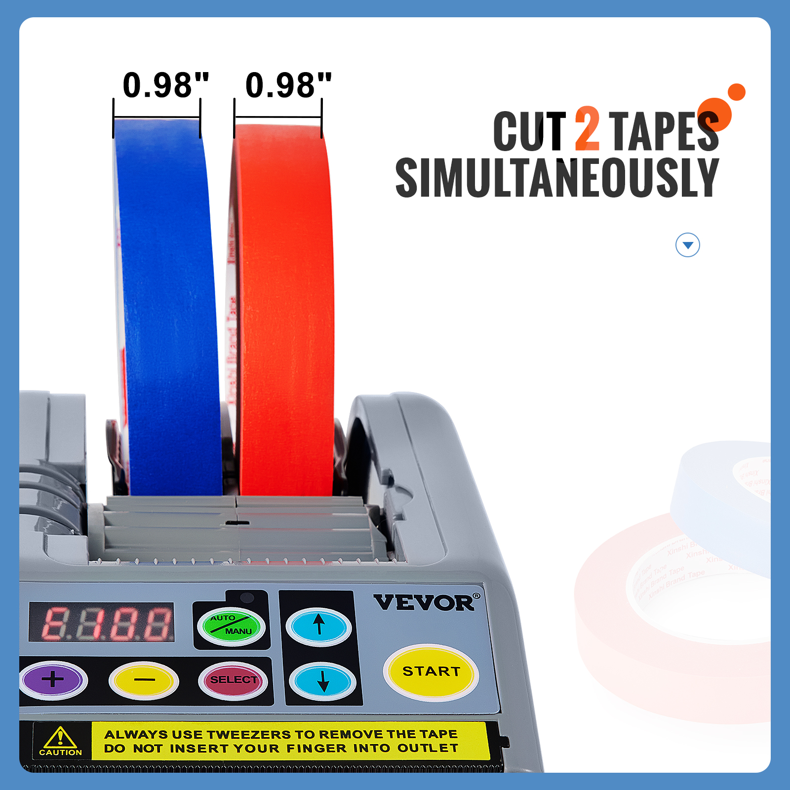 VEVOR tape dispenser cutting two 0.98" blue and red tapes simultaneously with control buttons in view.