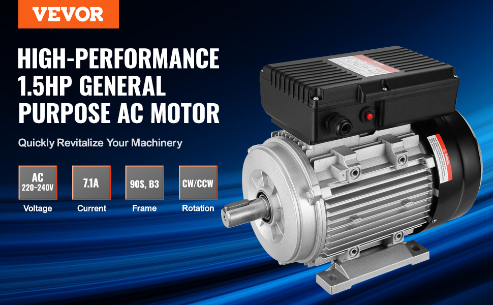 VEVOR 1.1KW Electric Motor 2800 rpm, AC 220~240V 7.1A, 90S, B3 Frame ...