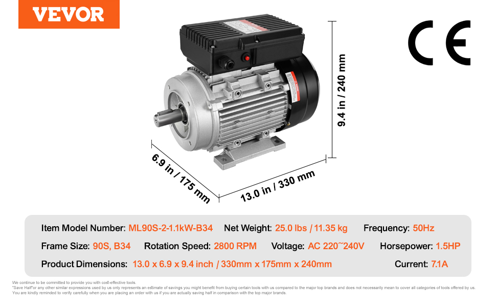 VEVOR 1.1KW Electric Motor 2800 rpm, AC 220~240V 7.1A, 90S, B34 Frame ...