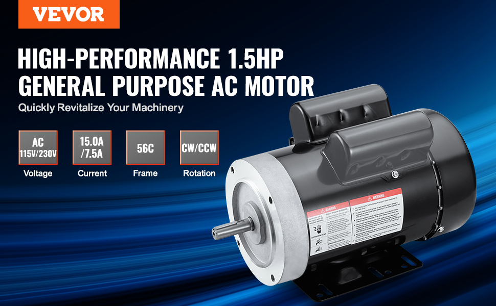 VEVOR 1HP Electric Motor – 1725RPM, 56C Frame, 5/8″ Keyed Shaft, 115V/230V, Single Phase