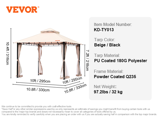 VEVOR Patio Gazebo, 10 x 10 FT Backyard Gazebo for 6-8 Person, with Mosquito Netting, Metal Frame, and PU Coated 180G Polyester, Outdoor Canopy Shelter for Patio, Backyard, Lawn, Garden, Deck