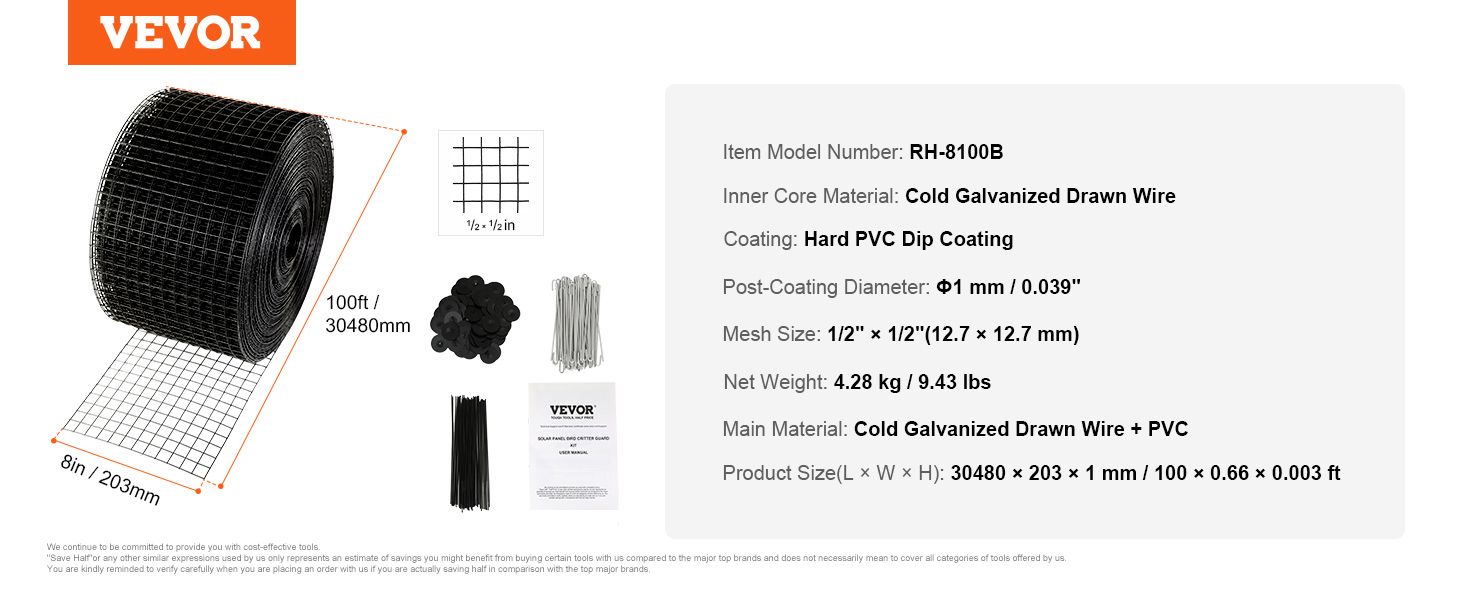 thumbnail image 2 of 400 Watt Solar Panel FUTRPOW Critter Guard For Solar Panels,6in X120ft Solar Panel Bird Guard With 100pcs Fastener Clips(1" 80pcs/1.5" 20pcs), 1/2in Fine Mesh Black PVC Coated Critter Guard With Gloves And 2 of 14