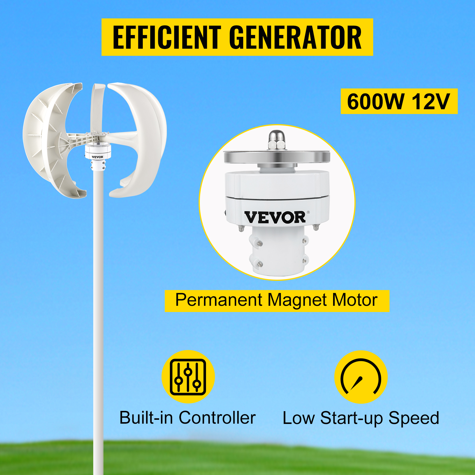 600W DC12V Wind Turbine Vertical Wind Generator 5 Blades with Controller Charger 