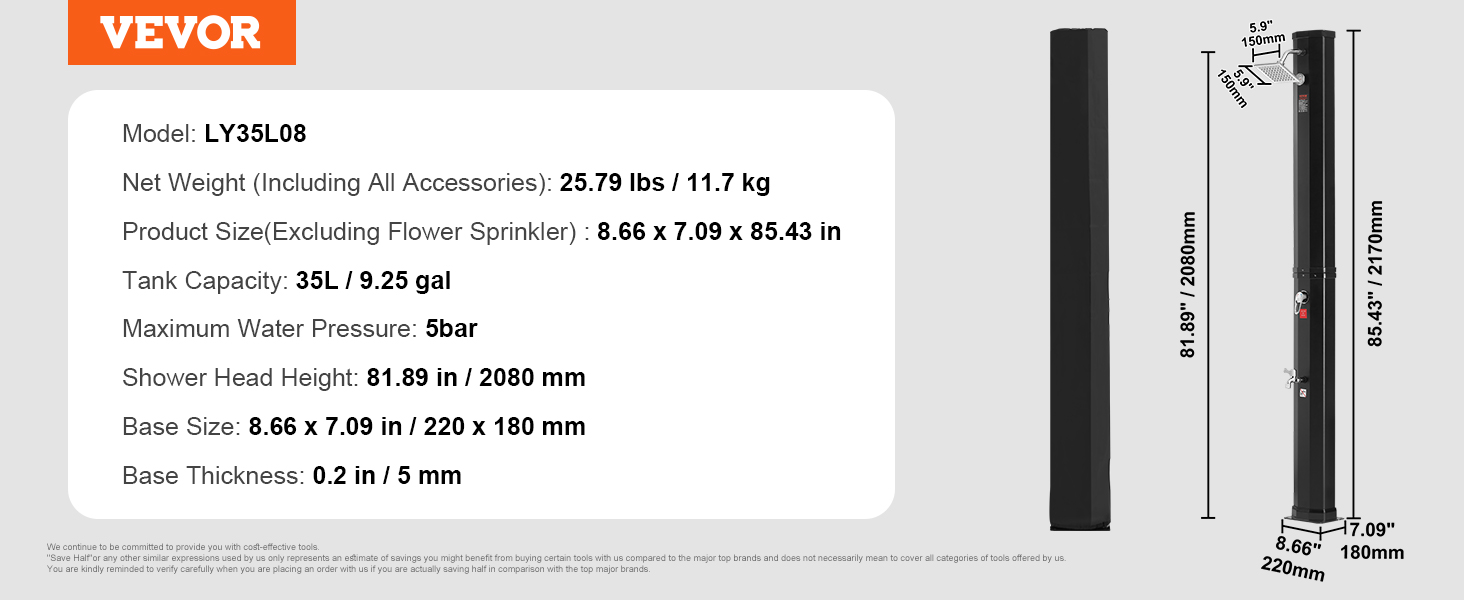 VEVOR napelemes zuhany 35L kerti zuhany 5bar víznyomású medencezuhany 220x180x2170mm esőzuhany 15x15cm zuhanyfejjel kempingzuhany kültéri zuhany 1-2 fő részére ideális kerti terasz medencéhez