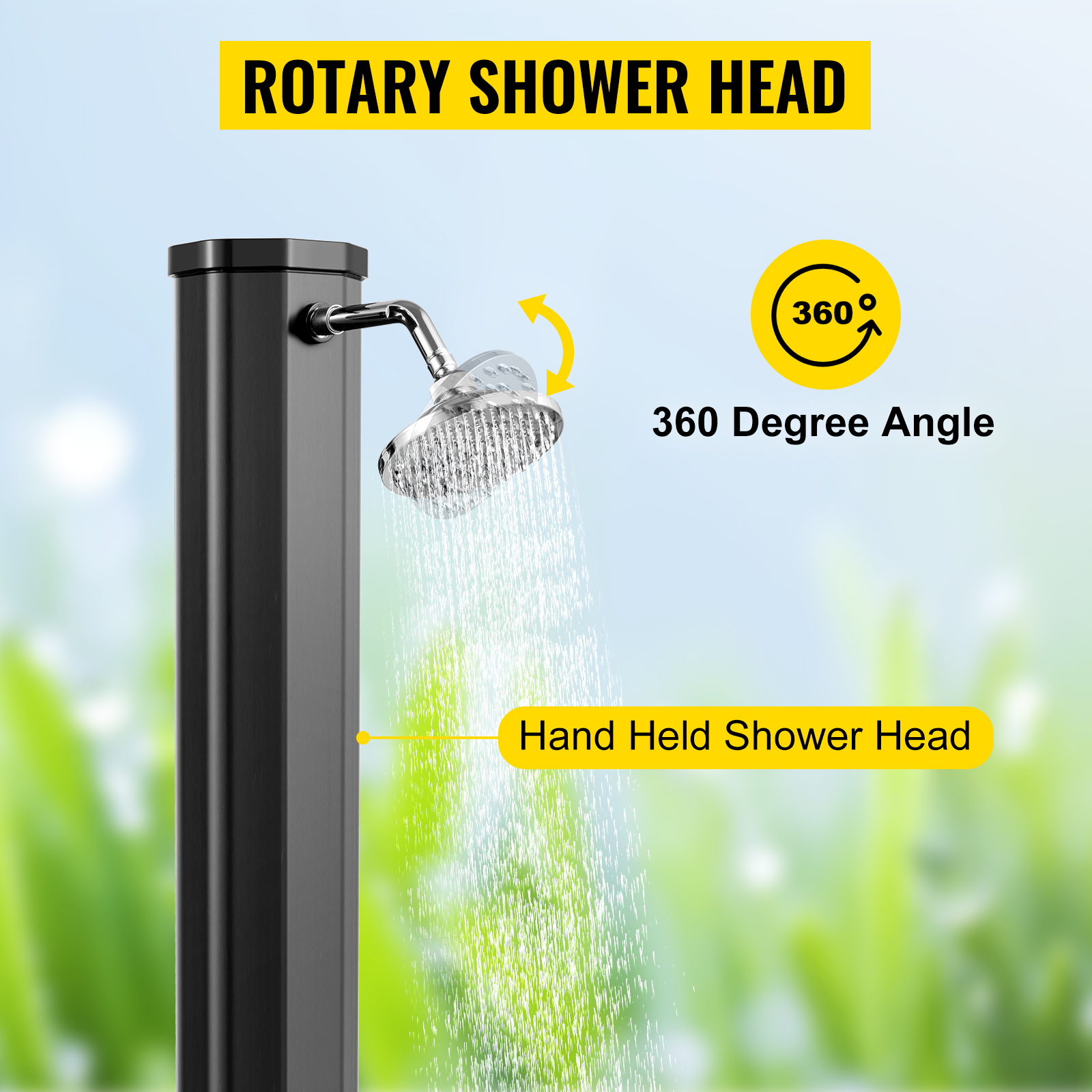 VEVOR napelemes zuhanyzók 35 L 217 cm-es fekete kerti zuhanyzók, lábcsapos medencezuhanyokkal, 51 psi víznyomású kültéri zuhanyzók, 360°-os zuhanyfejjel MAX. Hőmérséklet 60℃