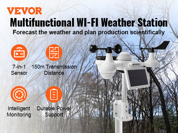 VEVOR 7-in-1 Wi-Fi Weather Station 7.5 in Color Display Home Weather Station Indoor Outdoor with Solar Wireless Outdoor Sensor Alarm Alerts for