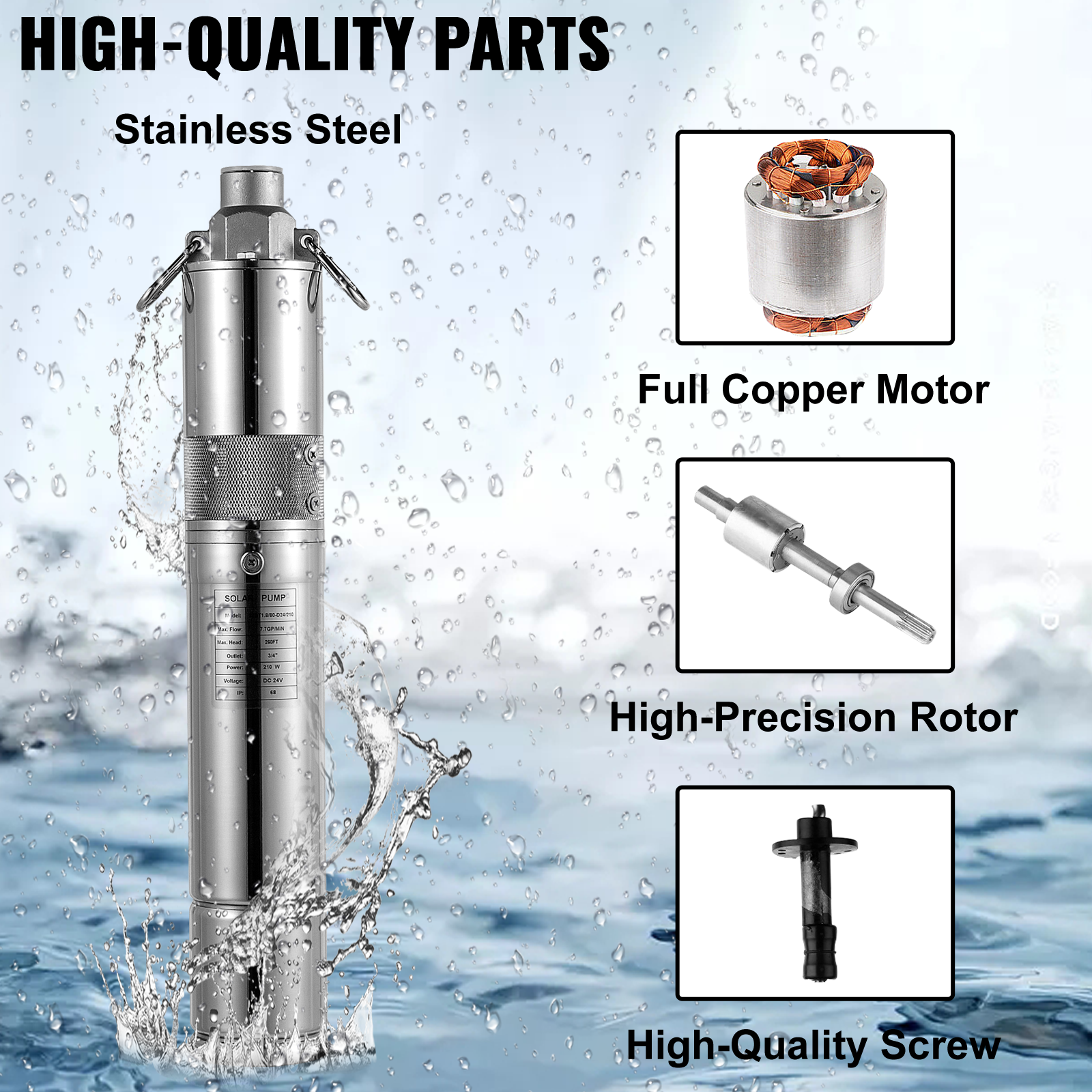 Newsmarts Brushless Solar Water Pump 24V/36V 864W 3000L/H 120M Head Submersible Deep Well Pump