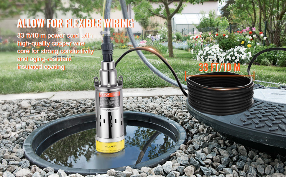 VEVOR Pompe à Eau Solaire 277W – Pompe Submersible Puits Profond 24V DC, Débit 2,1 M³/h, Hauteur 83 M, IP68, Idéale Irrigation Ferme Ranch Hors Réseau