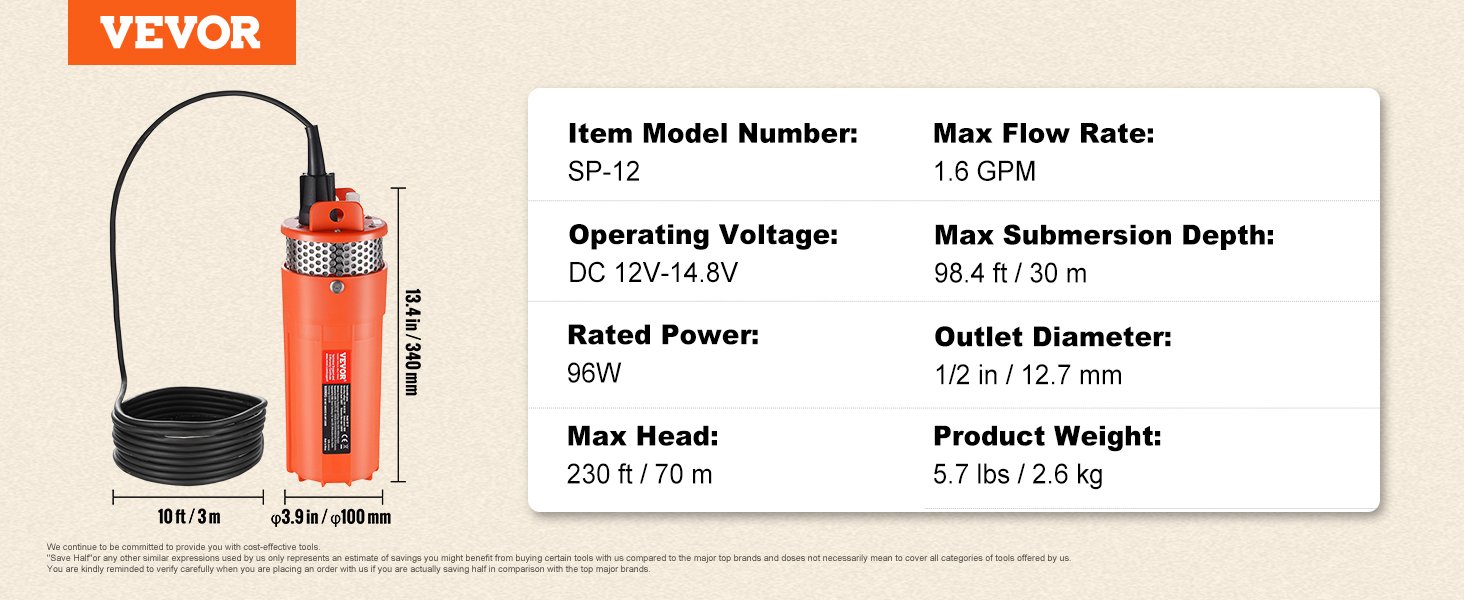 Solárne vodné čerpadlo VEVOR, 12V DC 96W ponorné čerpadlo do hlbokej studne, maximálny prietok 1,6 GPM, maximálna výška 230 stôp, maximálny ponor 98,4 stôp, solárne vodné čerpadlo pre studňu, zavlažovanie farmy, pitie dobytka