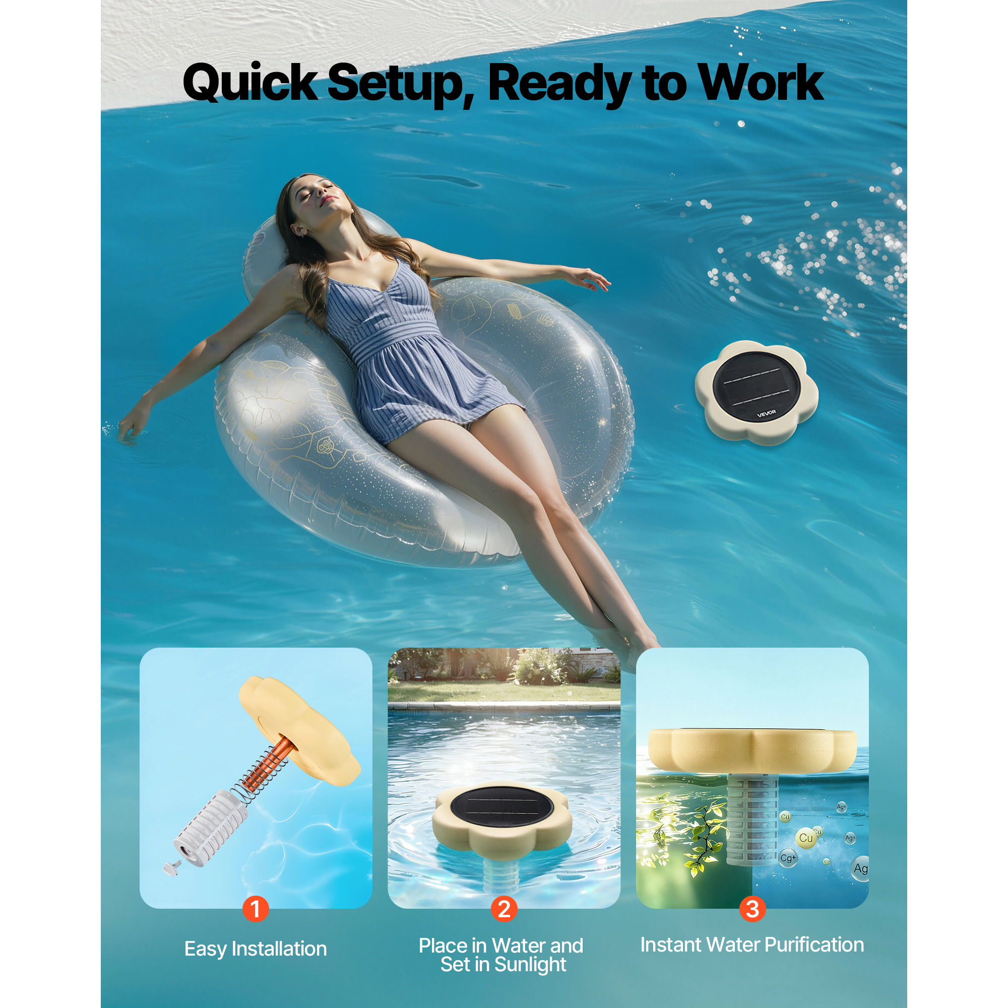 Uimoso Solar Pool Ionizer Petal/Hexagon/Round Design Pools Up to 35000/45000 Gal