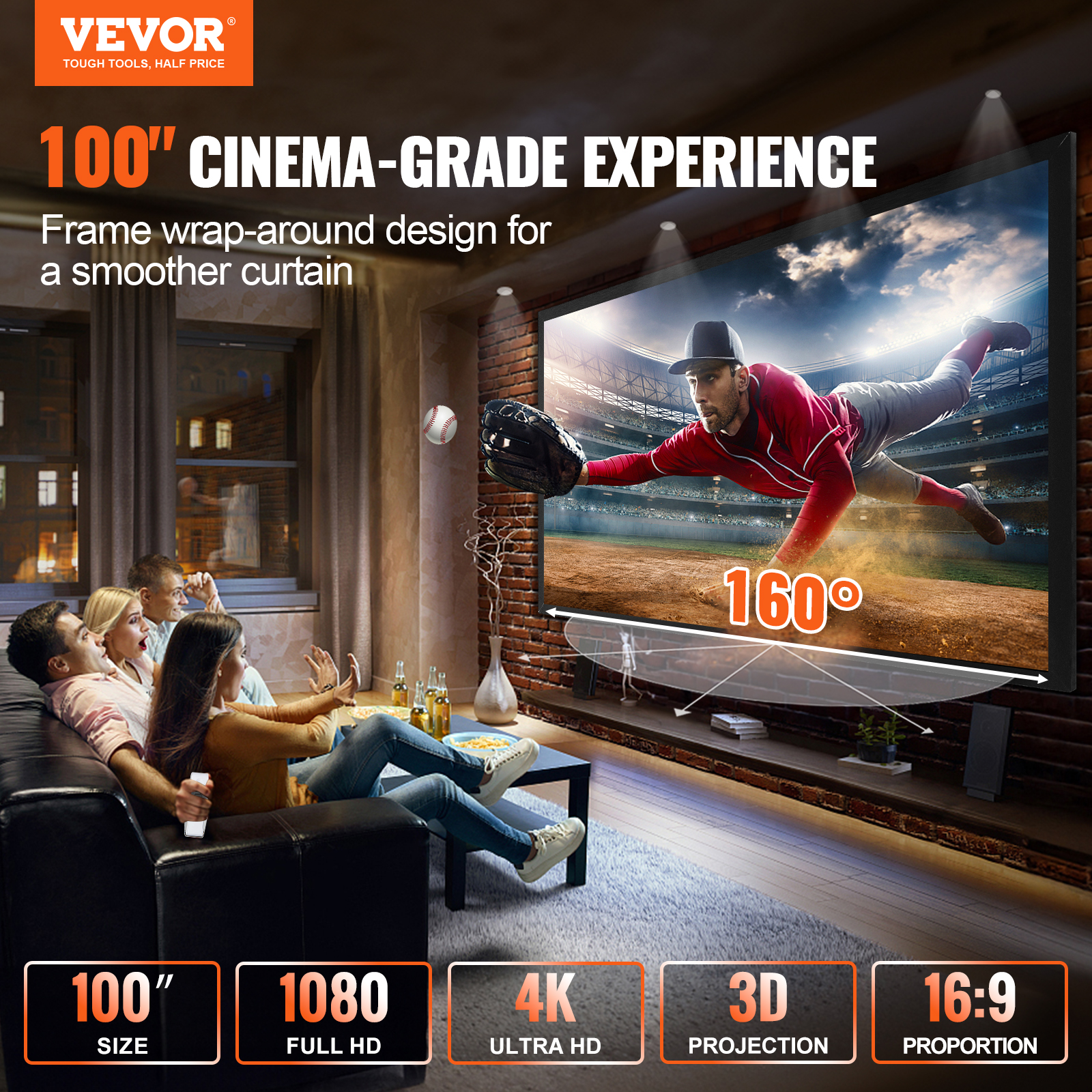 VEVOR 100"-155" Projector Screen 16:9 HD 4K Home Theatre 3D Aluminum & PVC - Picture 26 of 132