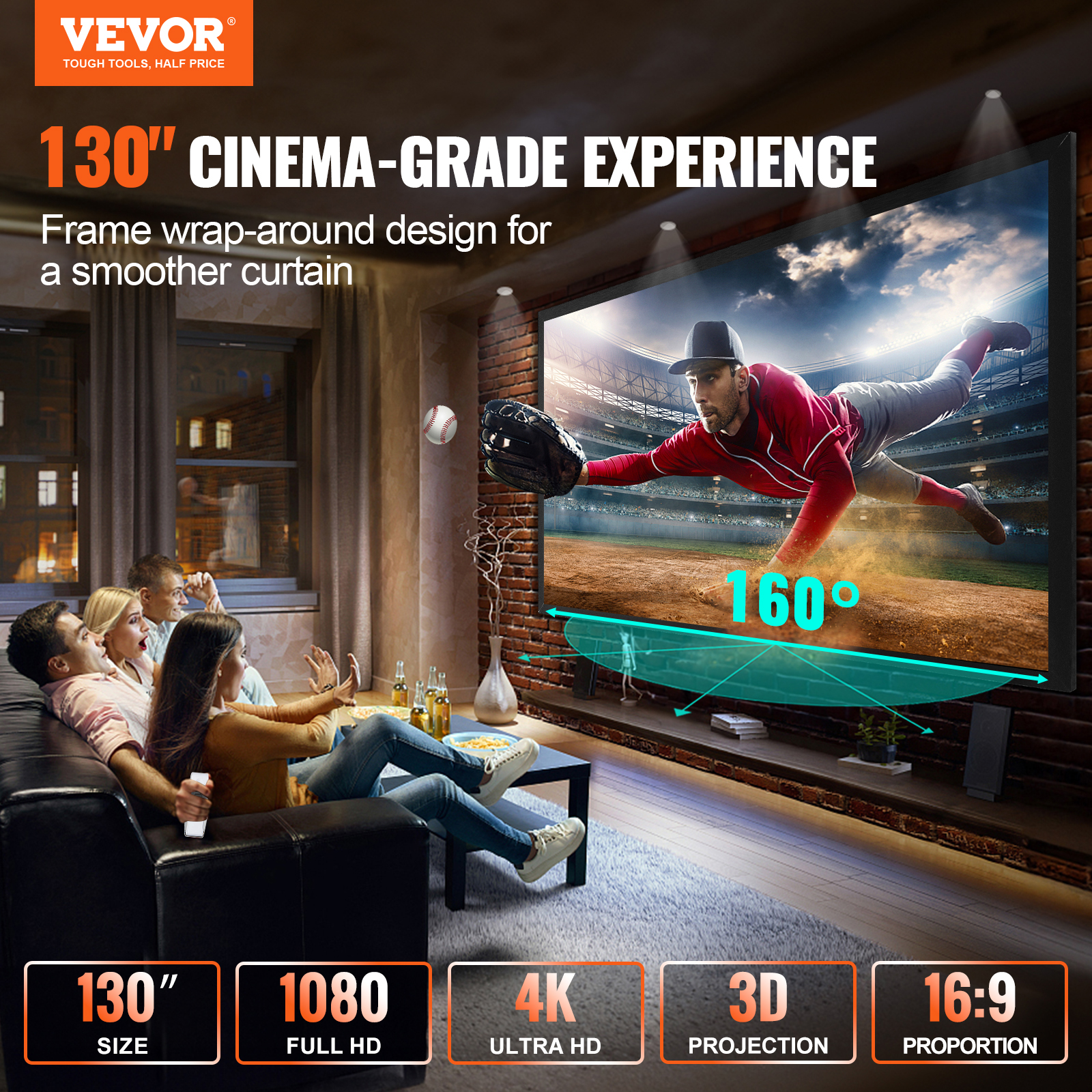 VEVOR 100"-155" Projector Screen 16:9 HD 4K Home Theatre 3D Aluminum & PVC - Picture 74 of 132