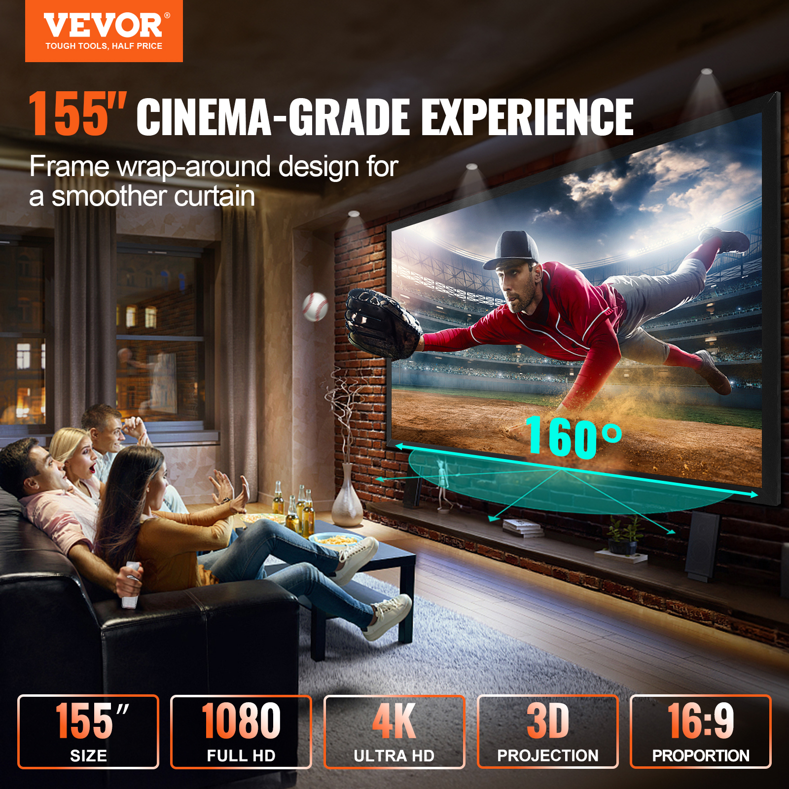 VEVOR 100"-155" Projector Screen 16:9 HD 4K Home Theatre 3D Aluminum & PVC - Picture 122 of 132
