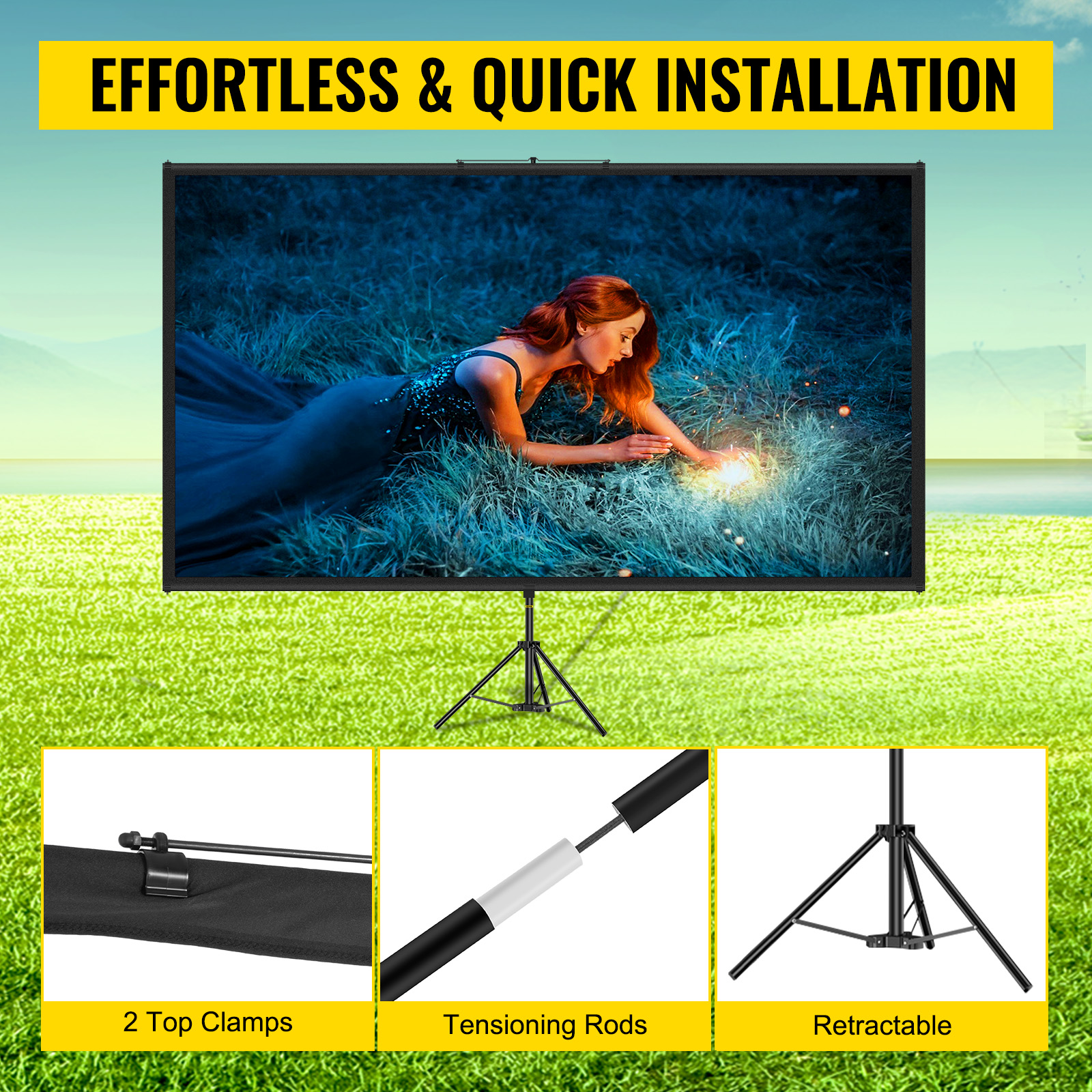 Pantalla de proyector portátil con soporte, pantalla de cine al aire libre,  80 pulgadas 16:9 ligero, móvil y compacto, fácil de instalar y