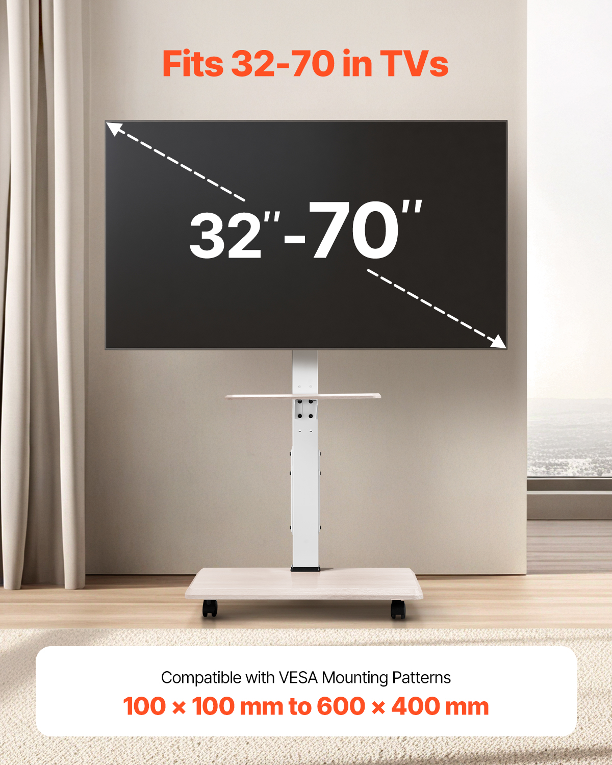 Rolling TV Stand Mobile TV Cart Holds Up to 44-205 lbs for 17-100 Inch Screens - Picture 9 of 115