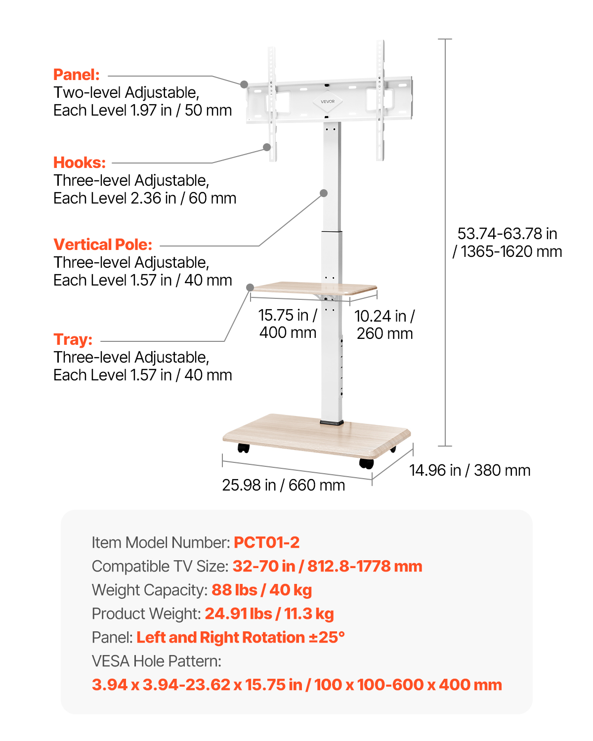 Rolling TV Stand Mobile TV Cart Holds Up to 44-205 lbs for 17-100 Inch Screens - Picture 14 of 115