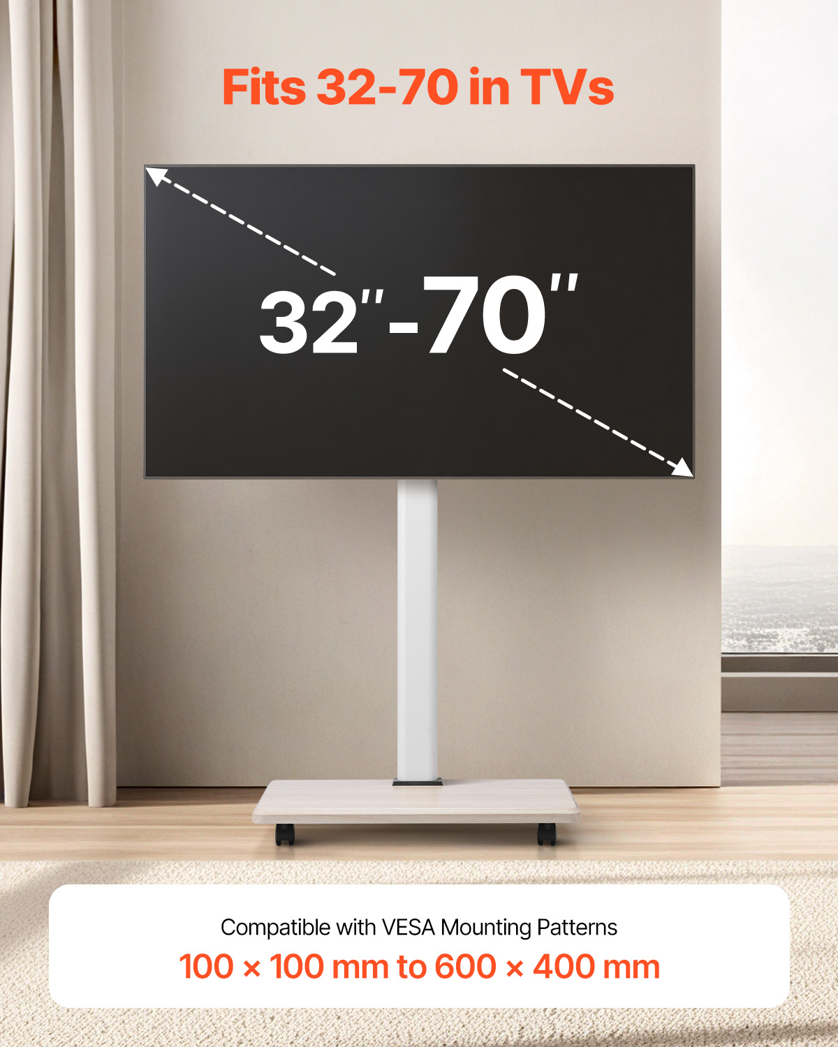 Rolling TV Stand Mobile TV Cart Holds Up to 44-205 lbs for 17-100 Inch Screens - Picture 45 of 115