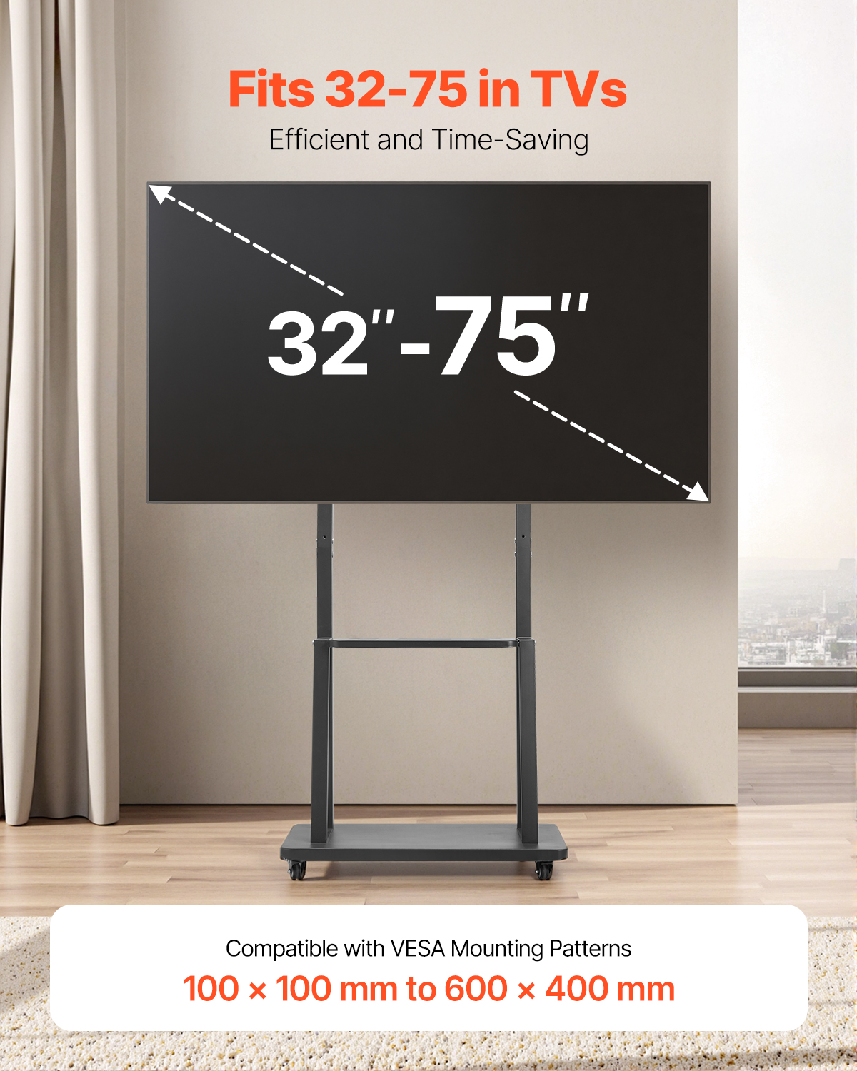 Rolling TV Stand Mobile TV Cart Holds Up to 44-205 lbs for 17-100 Inch Screens - Picture 21 of 115