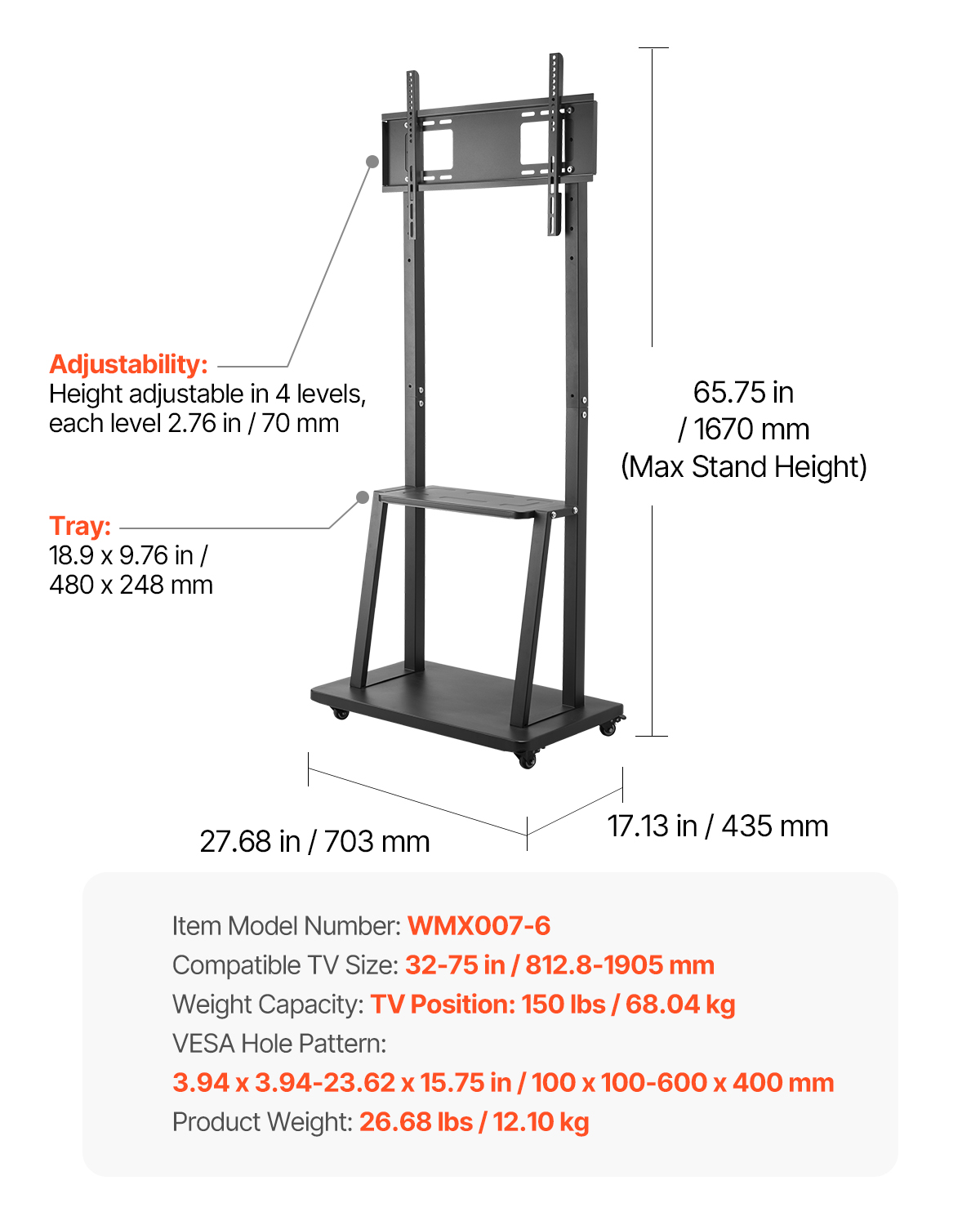 Rolling TV Stand Mobile TV Cart Holds Up to 44-205 lbs for 17-100 Inch Screens - Picture 26 of 115