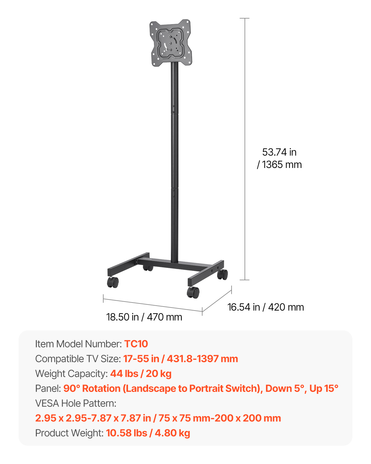 Rolling TV Stand Mobile TV Cart Holds Up to 44-205 lbs for 17-100 Inch Screens - Picture 98 of 115