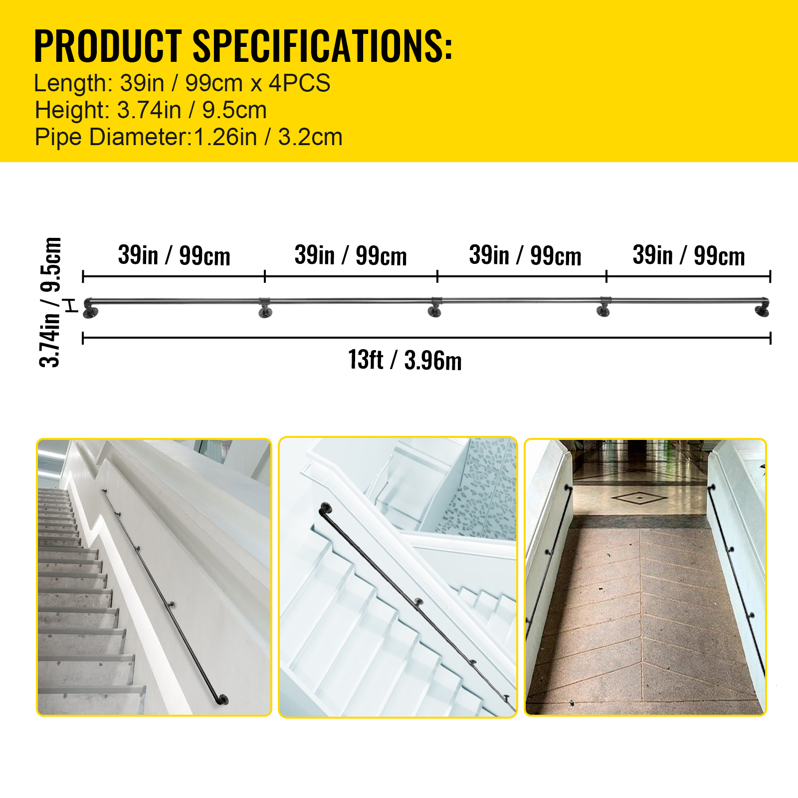 Pipe Stair Handrail Staircase Handrail 2-13 FT Carbon Steel for Wall Mount - Picture 123 of 126
