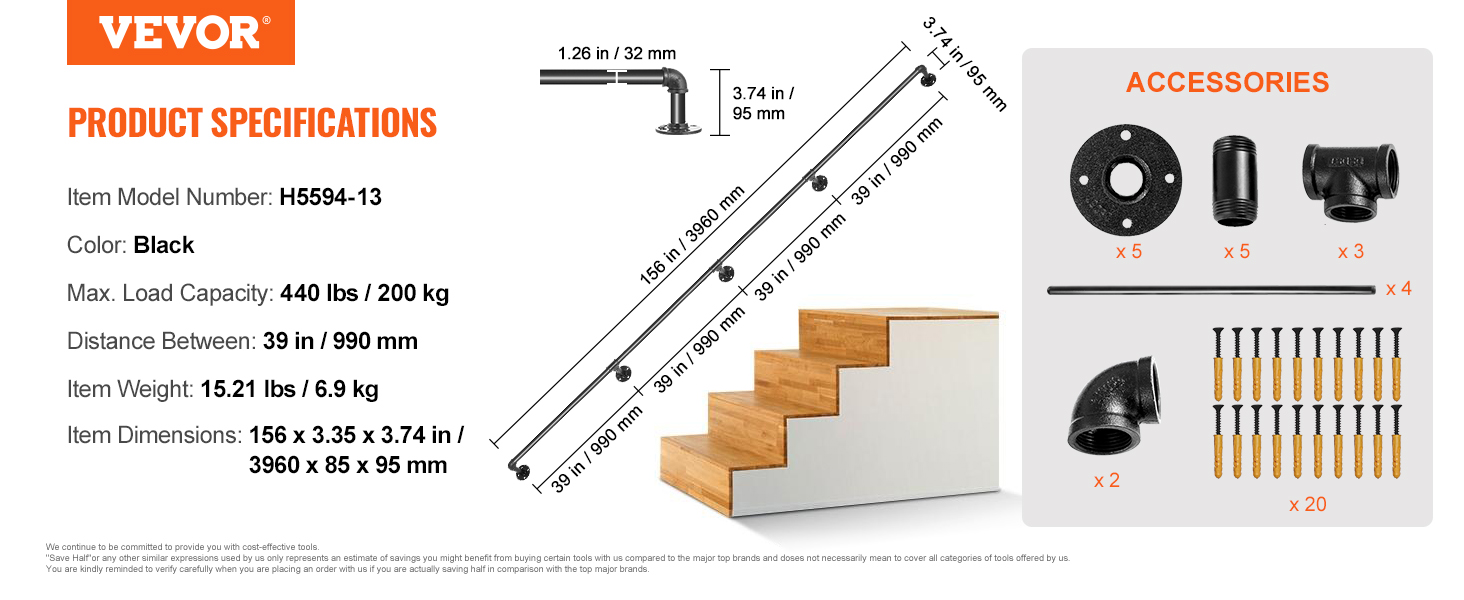 Pipe Stair Handrail;Carbon Steel;440 LBS Bearing Each