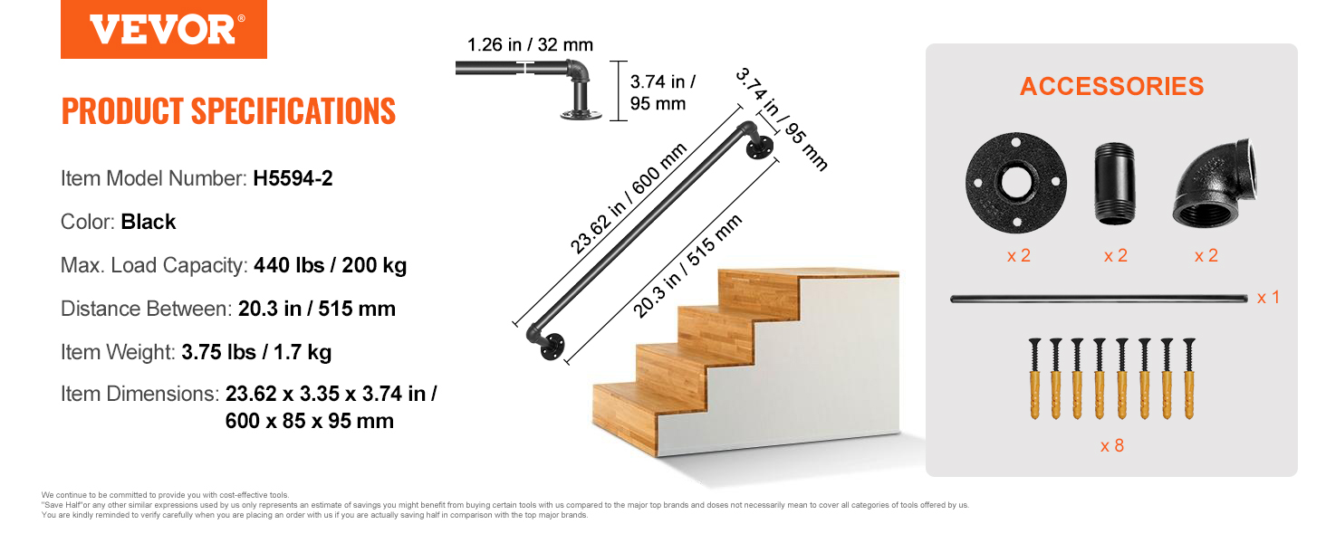 Pipe Stair Handrail;Carbon Steel;440 LBS Bearing Each