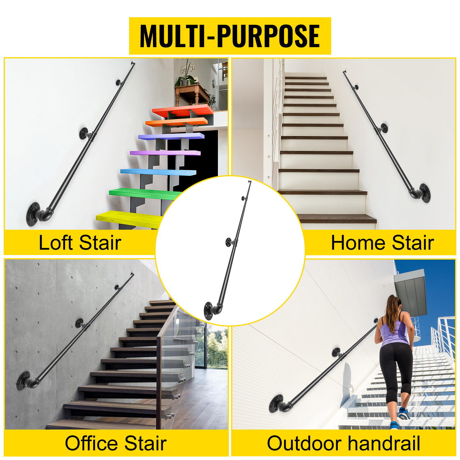 Mophorn 9FT Pipe Stair Handrail, 440LBS Load Capacity, Carbon Steel ...