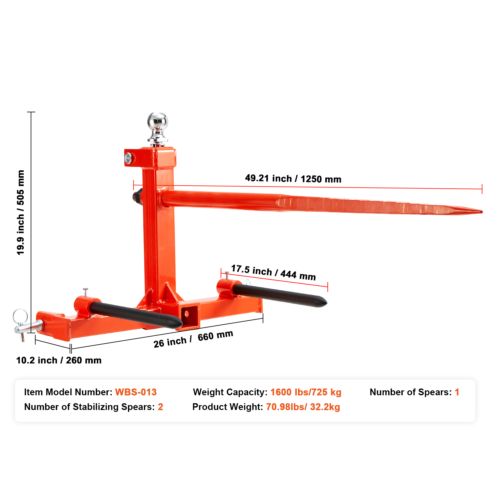 49 inch/39 inch Hay Spear Bale Skid 3-Point Hitch/Steer Loader 1600LBS / 3000LBS - Picture 9 of 50